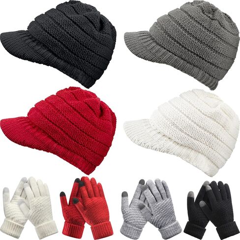 Kenning 4 Sets Winter Hats Gloves Women Knit Beanie Women Touchscreen Glove Winter Brim Hat Warm Fleece Lined Knit Gloves Snow Ski Winter Beanie Brim, Black, White, Gray, Wine Red, One Size-X-Small in Saudi Arabia