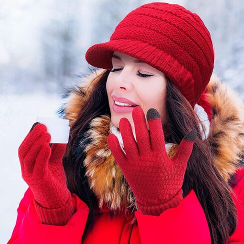 Kenning 4 Sets Winter Hats Gloves Women Knit Beanie Women Touchscreen Glove Winter Brim Hat Warm Fleece Lined Knit Gloves Snow Ski Winter Beanie Brim, Black, White, Gray, Wine Red, One Size-X-Small in Saudi Arabia