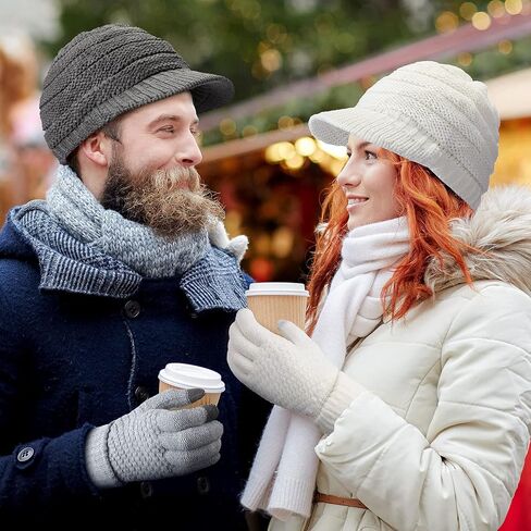 Kenning 4 Sets Winter Hats Gloves Women Knit Beanie Women Touchscreen Glove Winter Brim Hat Warm Fleece Lined Knit Gloves Snow Ski Winter Beanie Brim, Black, White, Gray, Wine Red, One Size-X-Small in Saudi Arabia