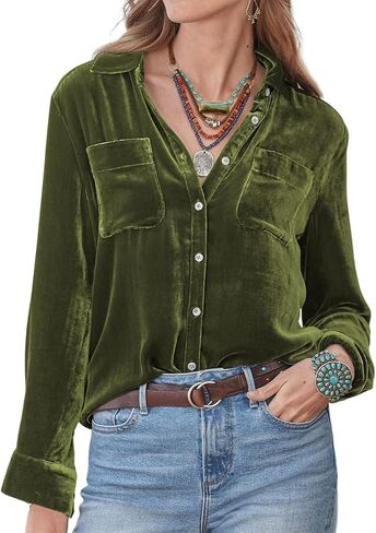 R.Vivimos Womens Winter Velvet Long Sleeve Button Down Casual Tops Shirts in Kuwait