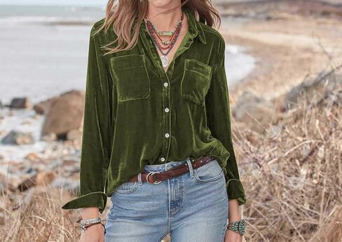 R.Vivimos Womens Winter Velvet Long Sleeve Button Down Casual Tops Shirts in Kuwait