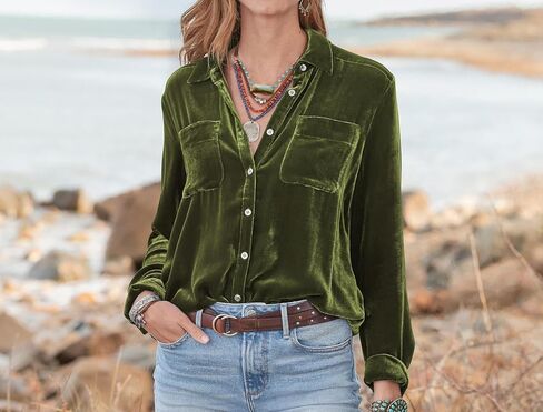 R.Vivimos Womens Winter Velvet Long Sleeve Button Down Casual Tops Shirts in Kuwait