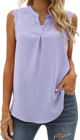 WELINCO Women's Summer Casual Sleeveless V Neck Lace Trim Tank Tops Loose Blouse Tees in Saudi Arabia