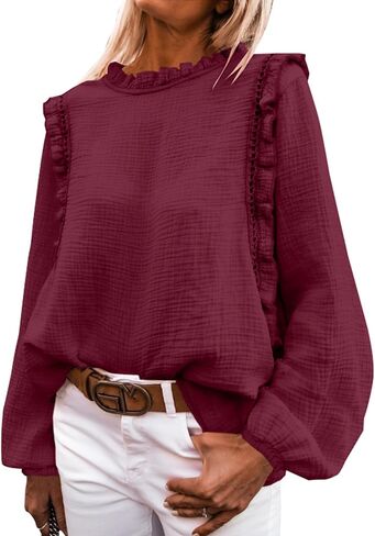 PRETTYGARDEN المرأة الخريف بلوزة عصرية أنيقة عادية كم طويل Crewneck كشكش فضفاض البلوز القمم قميص in Saudi Arabia