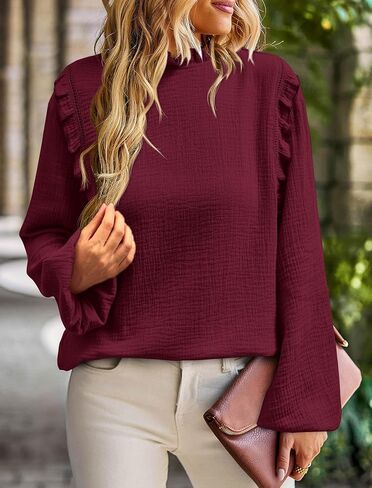 PRETTYGARDEN المرأة الخريف بلوزة عصرية أنيقة عادية كم طويل Crewneck كشكش فضفاض البلوز القمم قميص in Saudi Arabia