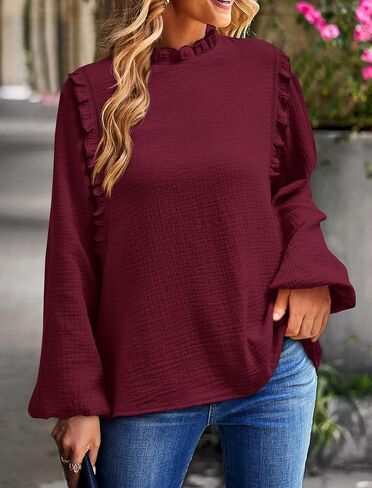 PRETTYGARDEN المرأة الخريف بلوزة عصرية أنيقة عادية كم طويل Crewneck كشكش فضفاض البلوز القمم قميص in Saudi Arabia