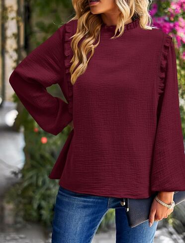 PRETTYGARDEN المرأة الخريف بلوزة عصرية أنيقة عادية كم طويل Crewneck كشكش فضفاض البلوز القمم قميص in Saudi Arabia