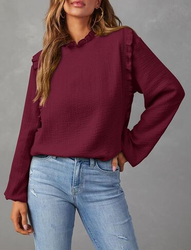 PRETTYGARDEN المرأة الخريف بلوزة عصرية أنيقة عادية كم طويل Crewneck كشكش فضفاض البلوز القمم قميص in Saudi Arabia