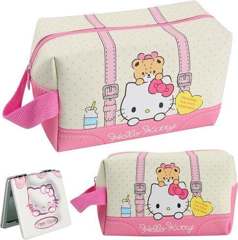 Gaffey Kitty Makeup Bag Kitty Travel Cosmetic Bag with Mirror PU Waterproof Travel Cartoon Cat Cosmetic Bags Gift for Girls in Kuwait