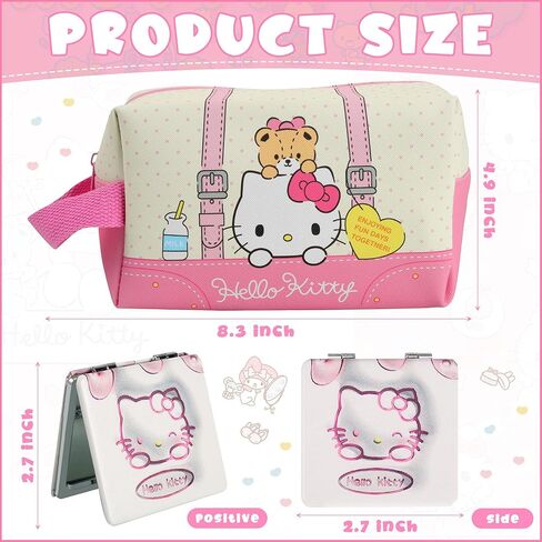 Gaffey Kitty Makeup Bag Kitty Travel Cosmetic Bag with Mirror PU Waterproof Travel Cartoon Cat Cosmetic Bags Gift for Girls in Kuwait