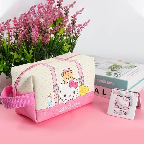 Gaffey Kitty Makeup Bag Kitty Travel Cosmetic Bag with Mirror PU Waterproof Travel Cartoon Cat Cosmetic Bags Gift for Girls in Kuwait