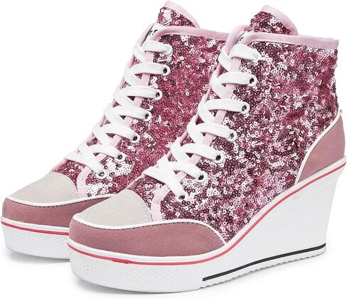 Women's Canvas High-Heeled Bling Shoes Casual Shoes Fashion Sparkling Sneakers for Walking Platform Wedges Pump Shoes in Kuwait