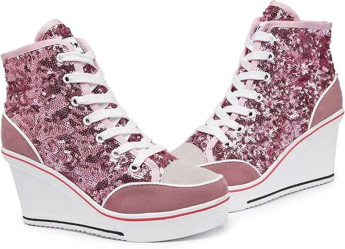 Women's Canvas High-Heeled Bling Shoes Casual Shoes Fashion Sparkling Sneakers for Walking Platform Wedges Pump Shoes in Kuwait