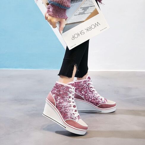 Women's Canvas High-Heeled Bling Shoes Casual Shoes Fashion Sparkling Sneakers for Walking Platform Wedges Pump Shoes in Kuwait