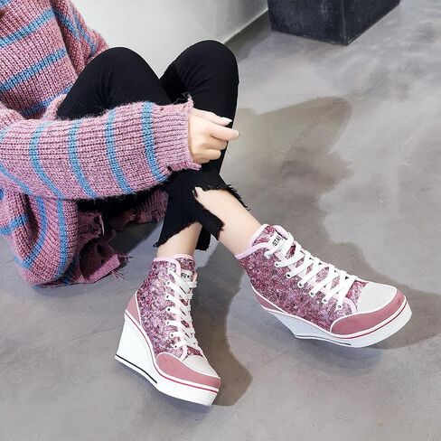 Women's Canvas High-Heeled Bling Shoes Casual Shoes Fashion Sparkling Sneakers for Walking Platform Wedges Pump Shoes in Kuwait