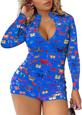 HengShunRui Women's Sexy Deep V Neck One Piece Bodysuit Print Bodycon Jumpsuit Rompers Pajama in Kuwait