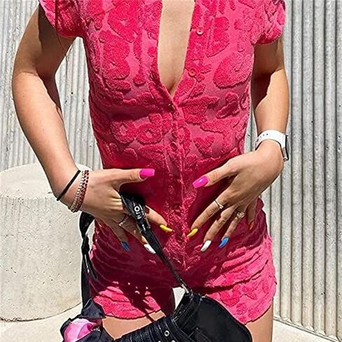 HengShunRui Women's Sexy Deep V Neck One Piece Bodysuit Print Bodycon Jumpsuit Rompers Pajama in Kuwait
