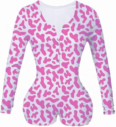 HengShunRui Women's Sexy Deep V Neck One Piece Bodysuit Print Bodycon Jumpsuit Rompers Pajama in Kuwait