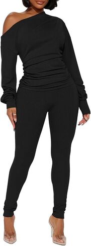 Sexy 2 Piece Outfits for Women One Off Shoulder Tops Ribbed Pant Set Tracksuit Clubwear in Kuwait