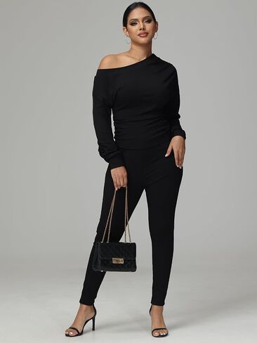 Sexy 2 Piece Outfits for Women One Off Shoulder Tops Ribbed Pant Set Tracksuit Clubwear in Kuwait