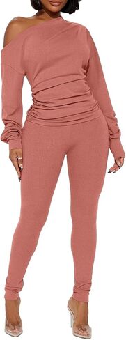 Sexy 2 Piece Outfits for Women One Off Shoulder Tops Ribbed Pant Set Tracksuit Clubwear in Kuwait