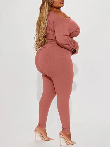 Sexy 2 Piece Outfits for Women One Off Shoulder Tops Ribbed Pant Set Tracksuit Clubwear in Kuwait