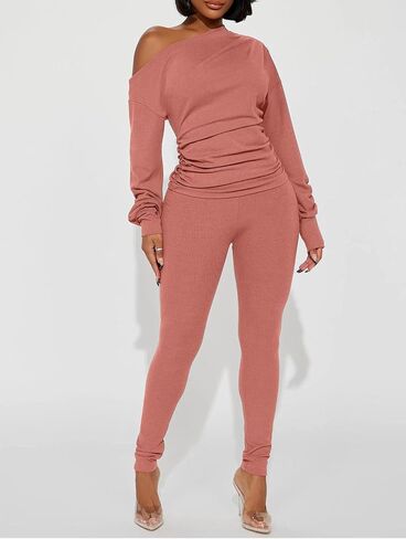 Sexy 2 Piece Outfits for Women One Off Shoulder Tops Ribbed Pant Set Tracksuit Clubwear in Kuwait