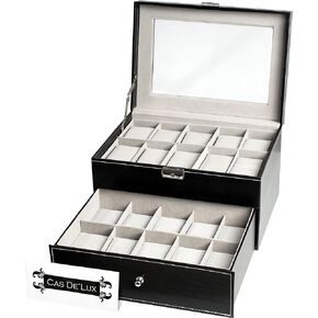 Watch Box Organizer Pillow Case 20 Slot Premium Display Cases with Framed Glass Lid Elegant Contrast Stitching Sturdy and Secure Lock for Men and Women Watch and Jewelry Large Holder Boxes in Saudi Arabia