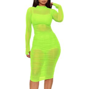 Mesh Dresses for Women Sexy See Through Sheer Midi Long Sleeve Dress