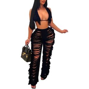 Womens Sexy 2 Piece Outfits Hollow Out Halter Bra top Tassel Long Pants Set Beachwear