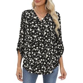 QUEZHU 3/4 Sleeve Blouses for Women Business Casual Elegant Chiffon V Neck Blouses Tops