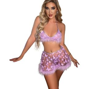 Women Butterfly Rave Outfit Fur Bra Skirt Music Festivals Halloween Cosplay Costume