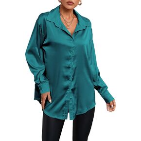 LYANER Women's Satin Silk Collar V Neck Button Down Long Sleeve Blouse Shirt Top