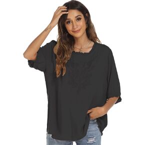 Grosy Women's Embroidered Plain Tunic Tops for Summer Fall Spring, Simple Elegant Dressy Blouse Casual Embroidery Solid Shirt in Kuwait