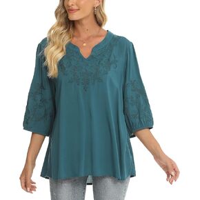 Grosy Women's Embroidered Plain Tunic Tops for Summer Fall Spring, Simple Elegant Dressy Blouse Casual Embroidery Solid Shirt in Kuwait
