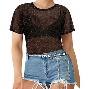 CARCOS Women's Mesh Tops Plus Size See Through Sheer Tops Crewneck Sexy Clubwear XL-5XL