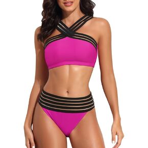 بدلة سباحة نسائية من قطعتين من Hilor ملابس سباحة متقاطعة أمامية مثيرة بشريط مجوف عالي الخصر بيكيني in Kuwait