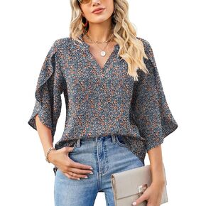 LUYAA Women's Casual Chiffon Blouse Tops 3/4 Ruffled Sleeve V Neck Loose Fit Blouses Shirts in Saudi Arabia