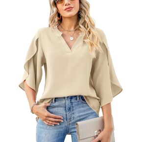 LUYAA Women's Casual Chiffon Blouse Tops 3/4 Ruffled Sleeve V Neck Loose Fit Blouses Shirts