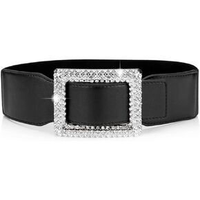 حزام خصر عريض مرن للنساء من وينكي، حزام خصر مطاطي رترو مع ابزيم من حجر الراين للفساتين والمعاطف - اسود، مقاس واحد, أسود, مقاس واحد in Kuwait