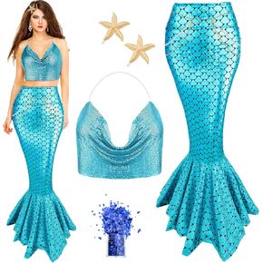 Jiuguva 5 Pcs Mermaid Costume for Women Metallic Chain Top Skirt Starfish Hair Clip Glitter Gel for Halloween Cosplay