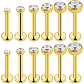 SCERRING 6 Pairs 16g Stainless Steel Jeweled Clear CZ Internally Threaded Labret Monroe Lip Tragus Cartilage Helix Earring Ring Body Piercing Jewelry 6-10mm
