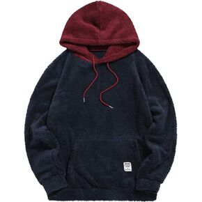 ZAFUL Color Blocking Fuzzy Hoodie Unisex Men Sherpa Pullover Loose Fluffy Sweatshirt