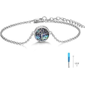 URONE Tree of Life Urn Bracelet for Ashes 925 Sterling Silver Abalone Shell Tree of Life Cremation Keepsake Pendant Locket Bracelet for Women