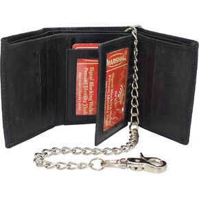 RFID Blocking Mens Chain Biker Vintage Genuine Leather Classic Trifold Wallet (Black with Chain)