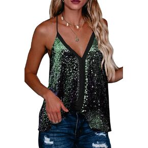 Beyove Sequin Top Sleeveless V-Neck Camisole Spaghetti Straps Tank Tops Racerback Sparkly Party Tops