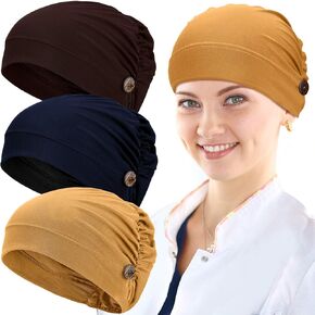 3 Pieces Bouffant Caps with Buttons Unisex Stretchy Headband Turban with Buttons for Women (Black, Gray, Khaki)