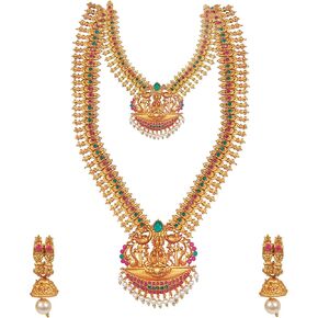 Shining Jewel - By Shivansh Bodha Tradtional Indian Handcrafted Antique Gold Plated Temple Jewellery Combo Bridal Dulhan Necklace Set With Matching Earring & Pearls For Women (SJ_2945) in Saudi Arabia