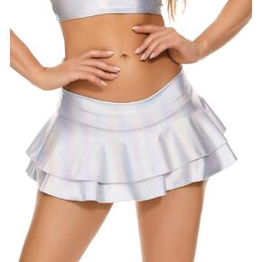Gatielzana Women's Metallic Mini Skirt Double Layered Ruffle Skater Skirt for Raves, Festivals, Costumes