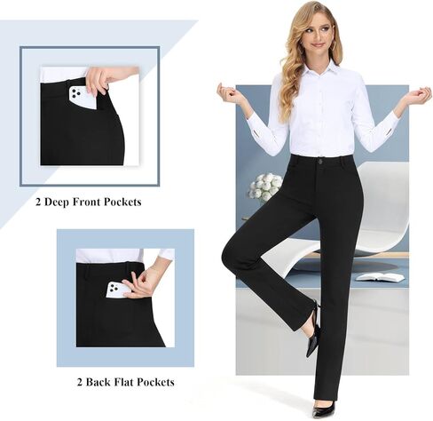 بووير سروال عمل للنساء، سروال رسمي مطاطي مع جيوب، بنطلون بقصة مستقيمة للنساء للعمل والعمل الكاجوال in Kuwait